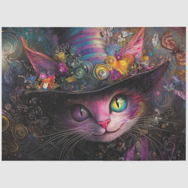 Decoupage Whimsical Multicolored Cat & Hat Seidenpapier (Vorderseite)