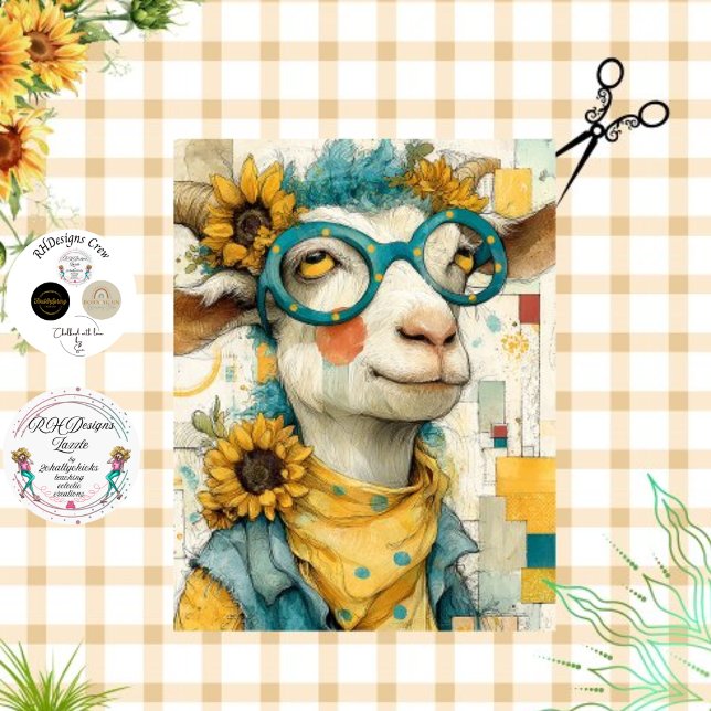Decoupage Whimsical Patchwork Ziege Sonnenblumen Seidenpapier (Von Creator hochgeladen)