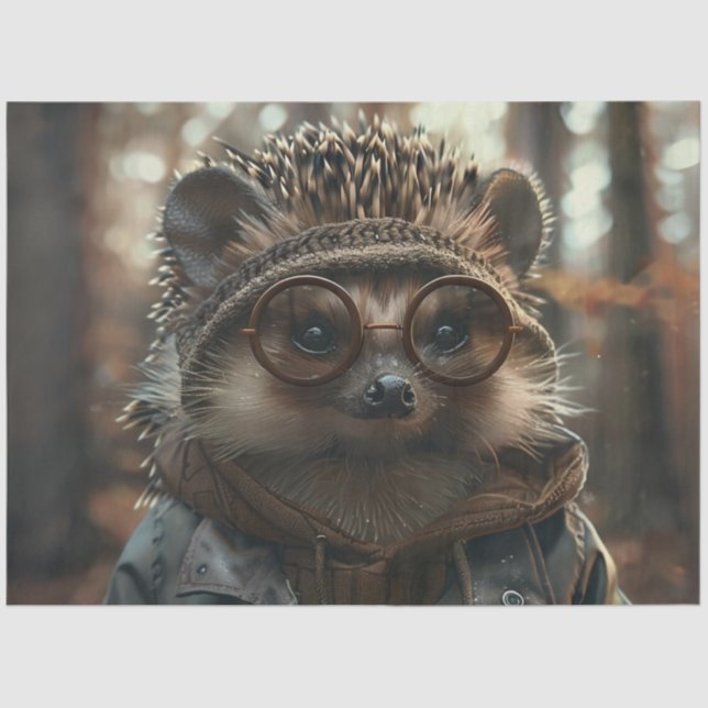 Decoupage Whimsical Porcupine mit Brille Seidenpapier (Vorderseite)