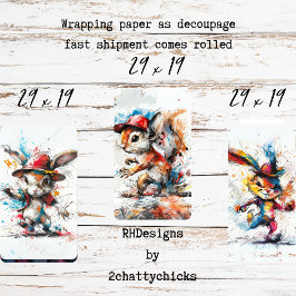 Decoupage Whimsical Splash Painted Rabbit Eichhörn Geschenkpapier Set