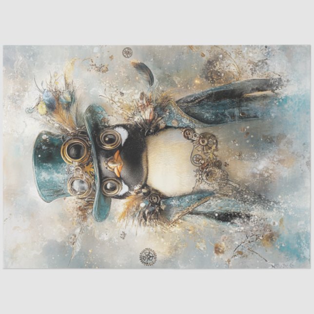 Decoupage Whimsical Steampunk Pinguin Teals Seidenpapier (Vorderseite)