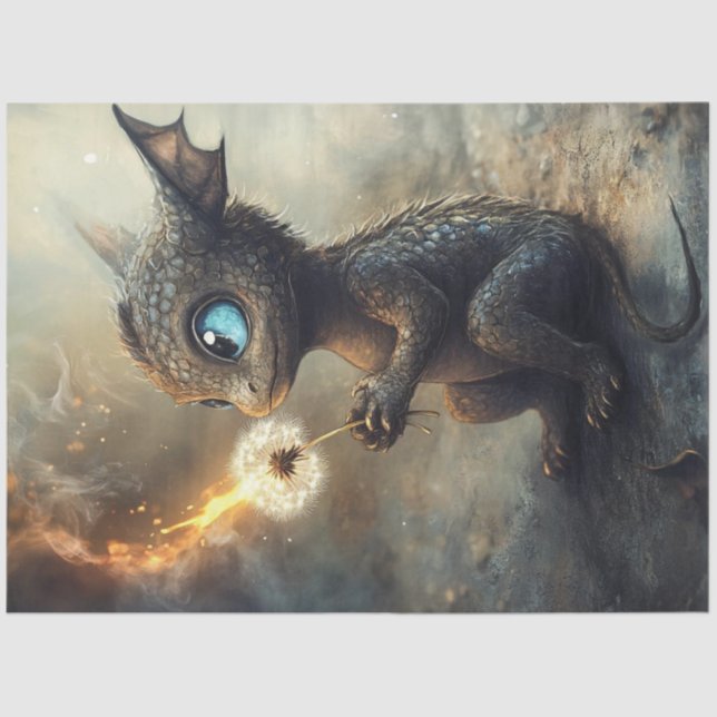 Decoupage Whimsical Tiny Dragon Creature Dandelion Seidenpapier (Vorderseite)
