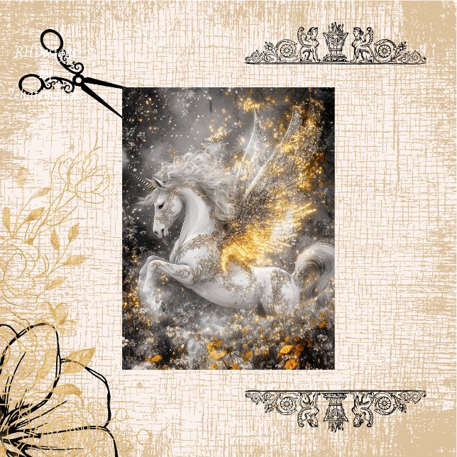 Decoupage Whimsical White Unicorn Golden Patterns Seidenpapier (Von Creator hochgeladen)