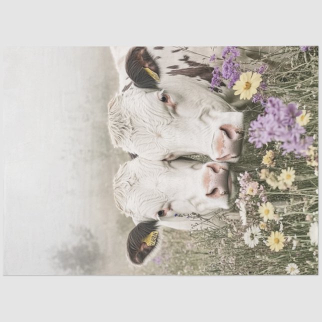 Decoupage White Cows in Field-Wildblumen Seidenpapier (Vorderseite)