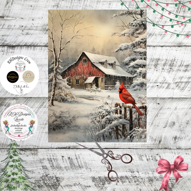 Decoupage-Winterszene Rote Scheune Kardinal Schnee Seidenpapier (Von Creator hochgeladen)