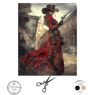 Decoupage Woman Gunslinger Red Verziert Dress Seidenpapier