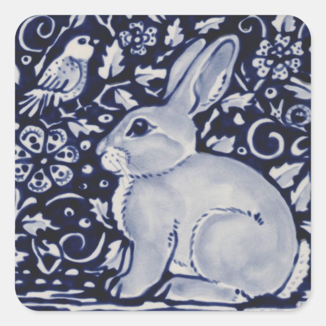 Dedham Blue & White Rabbit Keramik Tile Gift Wrap Quadratischer Aufkleber (Vorderseite)