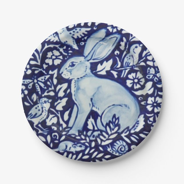 Dedham Cobalt Blue White Rabbit Garden Paper Plate Pappteller (Vorderseite)