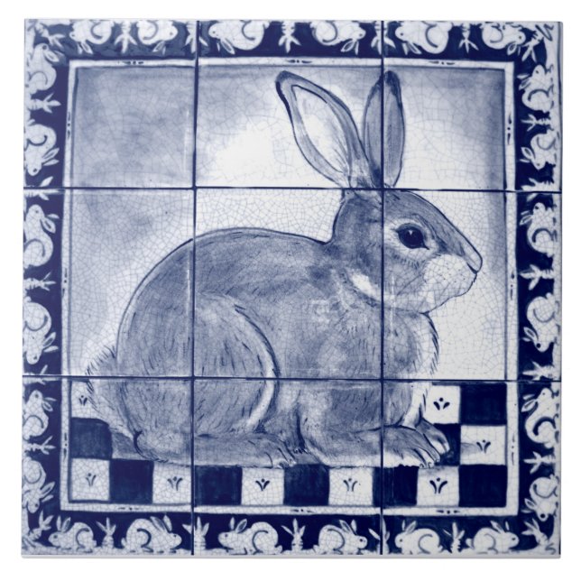 Dedham Rabbit Bunny Blue Vintage Wandmalerei Fliese (Vorderseite)