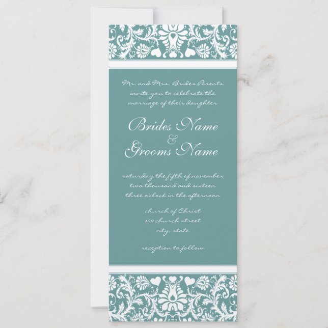 Deep Aqua Blue Damask Wirbel Hochzeit Einladung (Vorderseite)