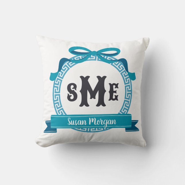 Deep Aqua Blue Gria Key Bow Monogram Kissen (Vorderseite)