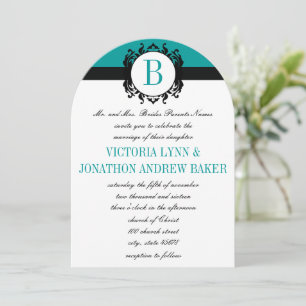 Deep Aqua Damask Monogram Wedite Invite Einladung