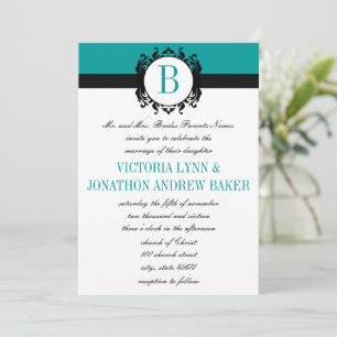 Deep Aqua Damask Monogram Wedite Invite Einladung