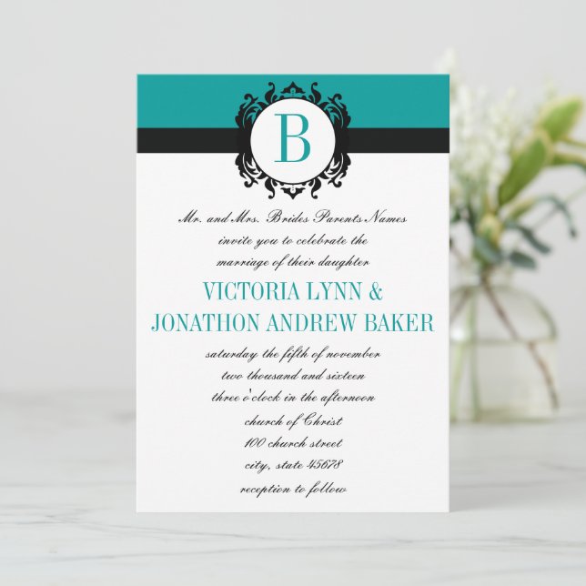 Deep Aqua Damask Monogram Wedite Invite Einladung (Stehend Vorderseite)