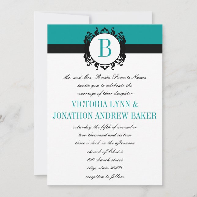 Deep Aqua Damask Monogram Wedite Invite Einladung (Vorderseite)