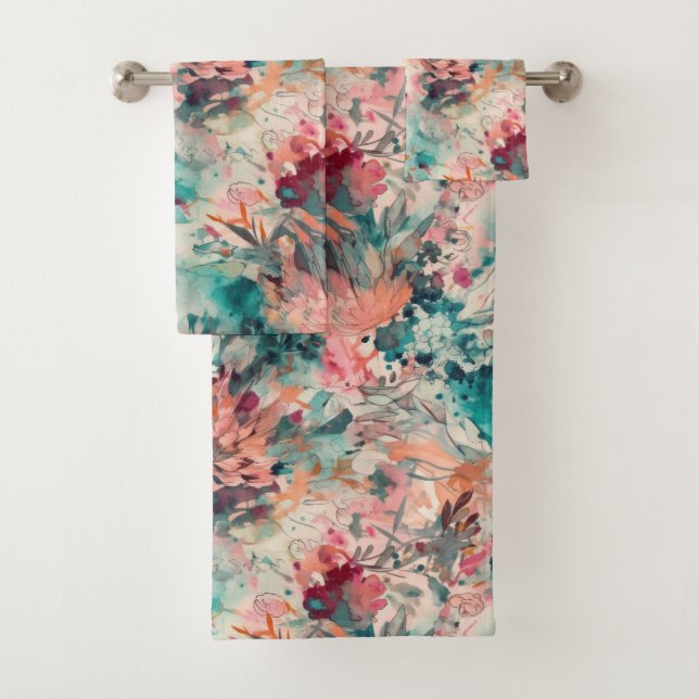 Deep Aqua, Peach, Mauve Floral Abstrakt Badhandtuch Set (Insitu)