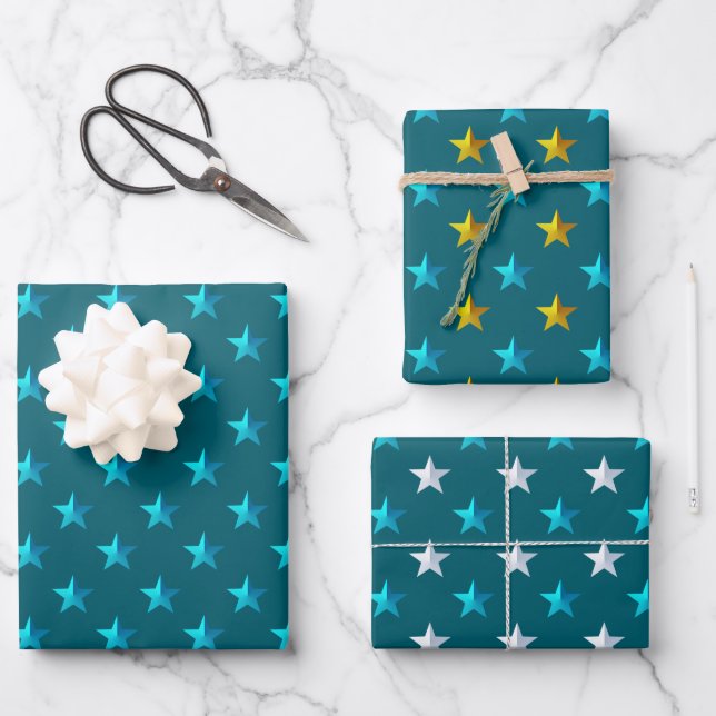Deep Aquamarin Blue Silver Gold Stars Geschenkpapier Set (Vorderseite)