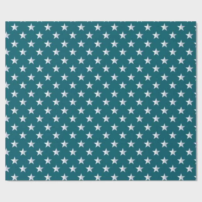 Deep Aquamarin Blue Silver Stars Geschenkpapier (Flach)