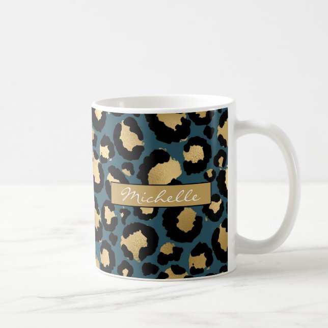Deep Aquamarin & Gold Leopard Personalisiert Coffe Kaffeetasse (Rechts)