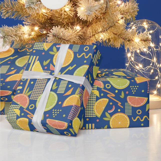 Deep Blue 80's Citrus Fruit Slices Geschenkpapier (Feiertage)