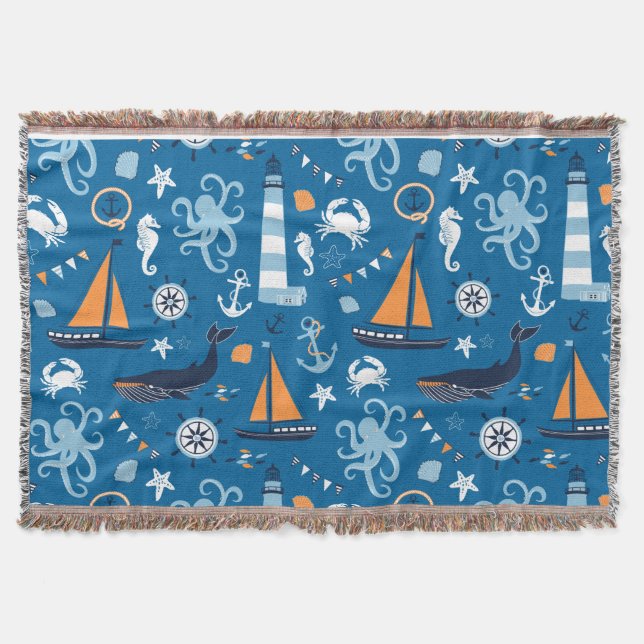 Deep Blue All Dings Nautical Throw Blanket Decke (Vorderseite)