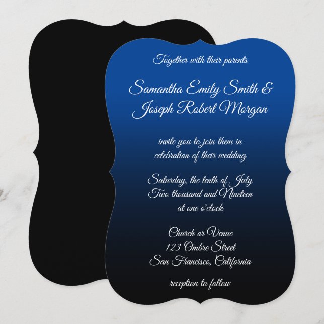 Deep Blue Black Ombre Elegante Calligraphy Wedding Einladung (Vorne/Hinten)