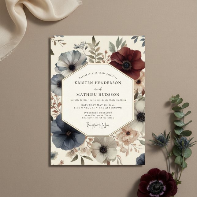 Deep Blue Bloom Romantische Hochzeit Einladung (Von Creator hochgeladen)