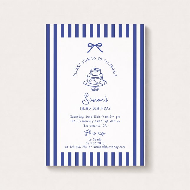 Deep Blue Bow, Striping Blue Geburtstag Einladung (Von Creator hochgeladen)
