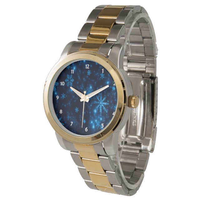 Deep Blue & Bright Schneeflocken Oversized 2-Tone Armbanduhr (Schrägansicht)