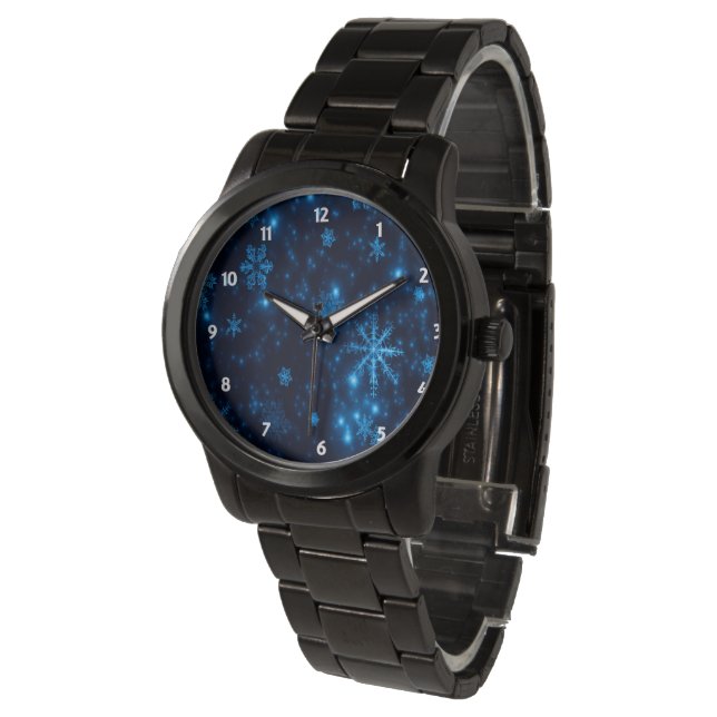 Deep Blue & Bright Snowflakes Unisex Black Watch Armbanduhr (Schrägansicht)