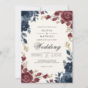 Deep Blue Burgundy Floral Blüh Wedding Einladung