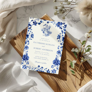 Deep Blue Chinoiserie Vintage Blumenhochzeit Einladung