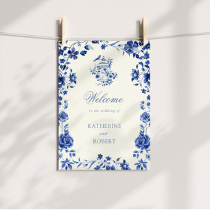 Deep Blue Chinoiserie Vintage Blumenhochzeit Poster