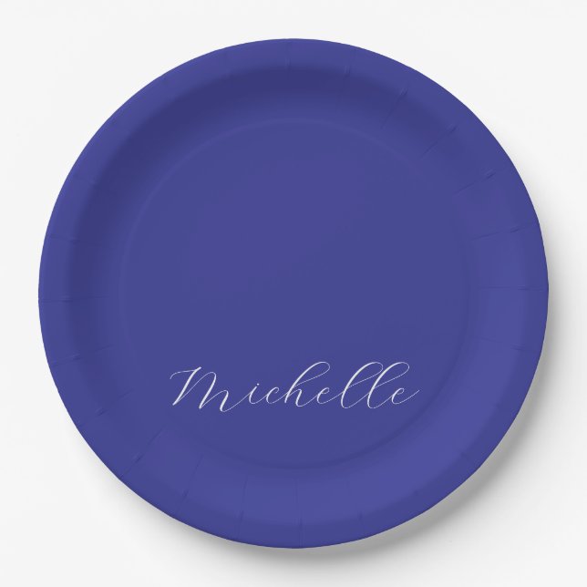 Deep Blue Color Schlicht Moderne Namenskalligraphi Pappteller (Vorderseite)