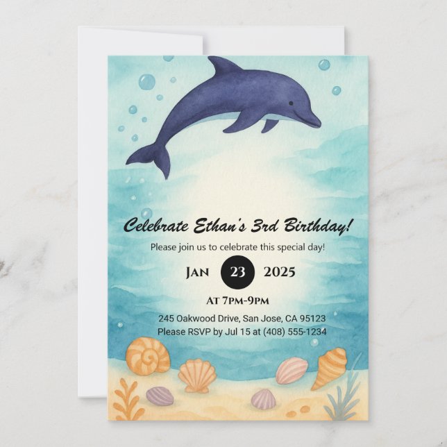 Deep Blue Dolphin & Seashell Ocean Birthday  Einladung (Vorderseite)