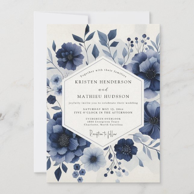 Deep Blue Ethereal Bloom Wedding Einladung (Vorderseite)