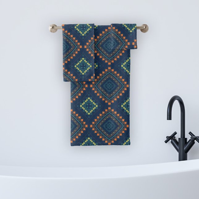 Deep Blue Ethnic Folk Boho Chic Mosaik Muster Badhandtuch Set (Von Creator hochgeladen)