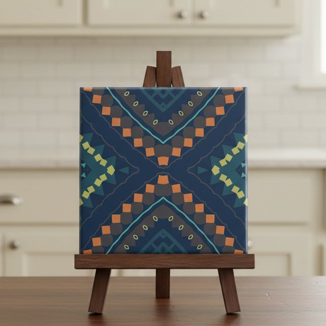 Deep Blue Ethnic Folk Boho Chic Mosaik Muster Fliese (Von Creator hochgeladen)