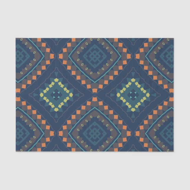 Deep Blue Ethnic Folk Boho Chic Mosaik Muster Seidenpapier (Vorderseite)