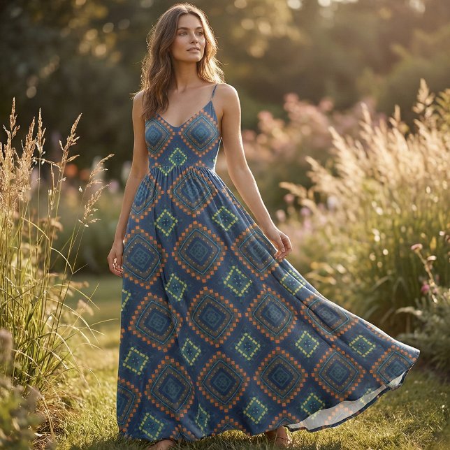 Deep Blue Ethnic Folk Boho Chic Mosaik Muster Stoff (Von Creator hochgeladen)