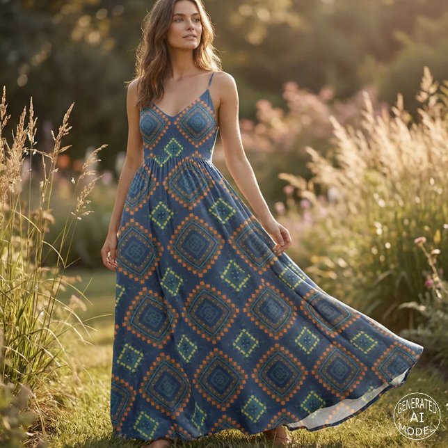 Deep Blue Ethnic Folk Boho Chic Mosaik Muster Stoff (Von Creator hochgeladen)