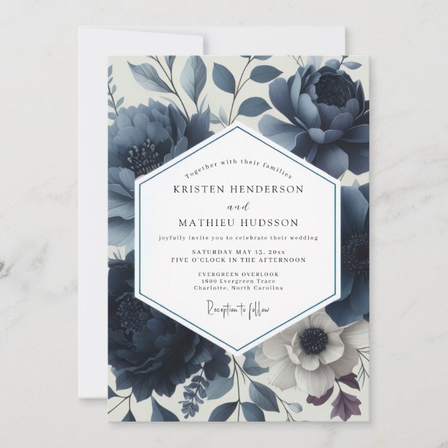 Deep Blue Floral Elegance Wedding Einladung (Vorderseite)