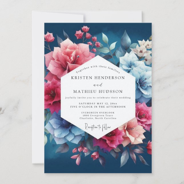 Deep Blue Floral Romance Wedding Einladung (Vorderseite)
