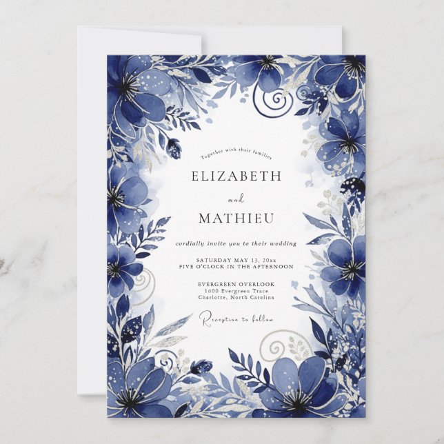 Deep Blue Floral Romance Wedding Einladung (Vorderseite)