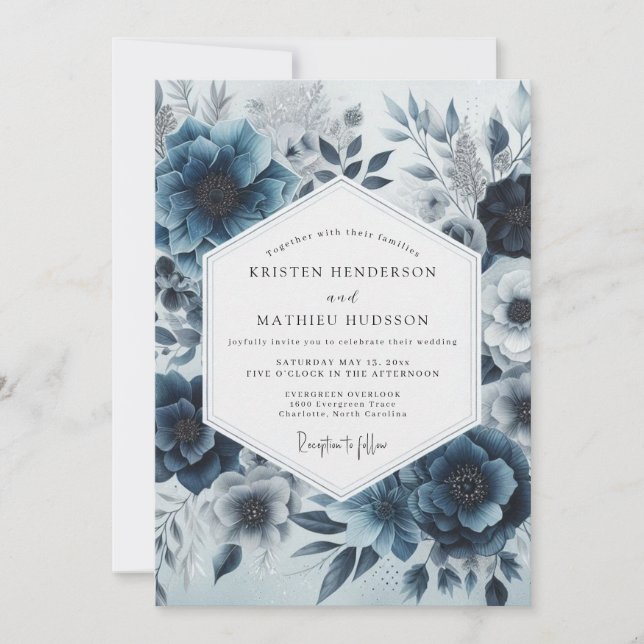 Deep Blue Floral Whimsy Wedding Einladung (Vorderseite)