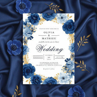Deep Blue Floral Wreath Wedding Einladung