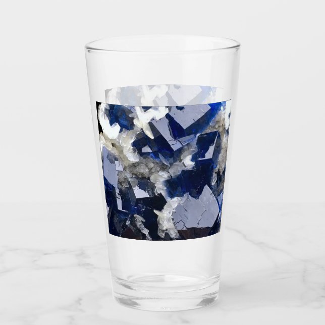 Deep Blue Fluorite Crystal & Flake Calcite Glas (Vorderseite)