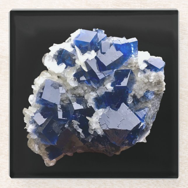 Deep Blue Fluorite Crystal & Flake Calcite Glasuntersetzer (Vorderseite)