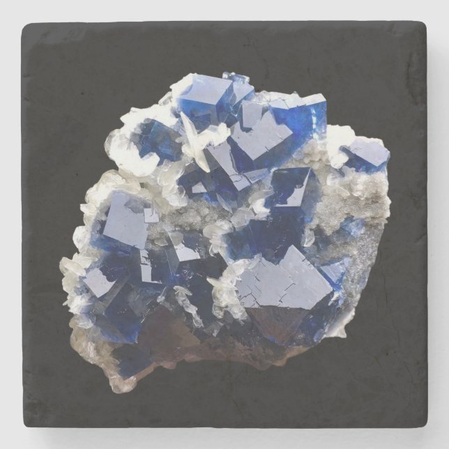 Deep Blue Fluorite Crystal & Flake Calcite Steinuntersetzer (Vorderseite)