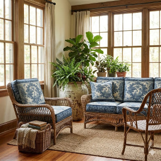 Deep Blue French Warship Toile Floral Motifs Decor Stoff